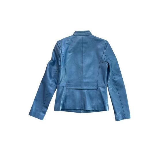 Women's Blue Leather Long Sleeves Zip Up Bomber Jacket Size 55 - Picture 5 of 5